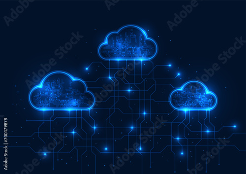 Cloud technology background cloud storage system cyber processing together via internet signals Clouds connected by technological circuits