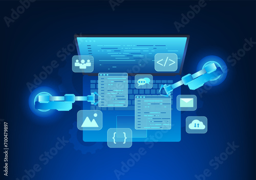 Software technology Software developers who write programs use artificial intelligence to help write code. used in industrial factories Laptop screen with software code and mechanical arm