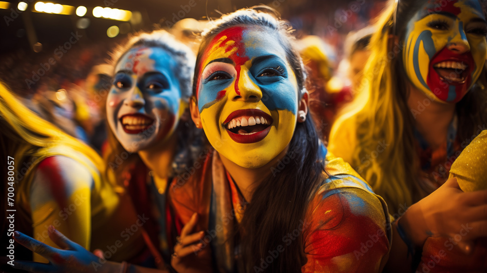 Group of people with tribal face paint in warm lighting, evoking a vibrant, cultural atmosphere. Group of people with tribal face paint in warm lighting, evoking a vibrant, cultural atmosphere.