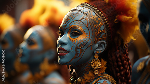 Group of people with tribal face paint in warm lighting, evoking a vibrant, cultural atmosphere.