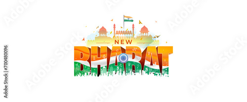 Vector Background illustration of Republic day of India. 3d text new bharat with New futuristic, Green, clean, eco freindly india and red fort.