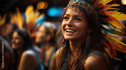 Joyful woman in vibrant feather headdress at a cultural festival, celebrating with a crowd.