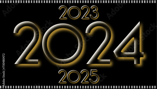 A timeline view of new year 2024 and earlier and future years isolated on a black background 