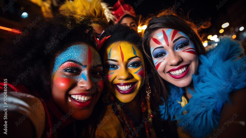 Group of joyful friends with yellow paint on faces celebrating at a festival, embodying happiness and unity. Group of joyful friends with yellow paint on faces celebrating at a festival, embodying happiness and unity.