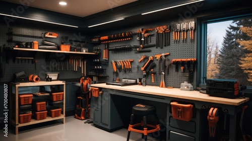 A tool room with a bar for tools in a gray color. Generative AI. photo