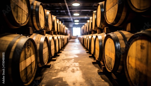 Wooden barrels with whiskey in a dark basement