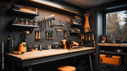 A tool room with a bar for tools in a gray color. Generative AI. photo