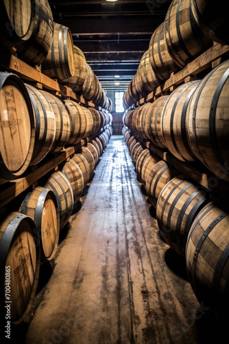 Old barrels stacked on wooden floor. whiskey. bourbon. scotch. vertical orientation