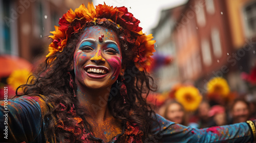 Woman in vibrant carnival costume with feather headdress and face paint, embodying festive spirit.