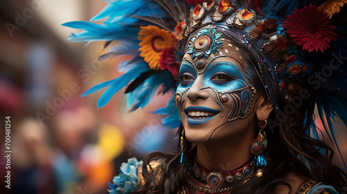 Woman in vibrant carnival costume with feather headdress and face paint, embodying festive spirit.