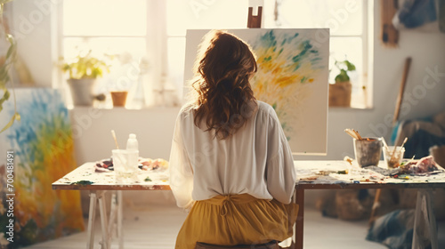 明るい白いナチュラルな部屋のアトリエの窓際で、キャンバスに絵の具で花の水彩画を描く白いシャツに黄色のスカートを履いた女性の後ろ姿 photo