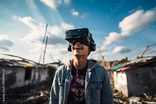 AI artificial intelligence young wearing VR glasses virtual global world internet connection and a new experience in the future metaverse. Metaverse technology concept