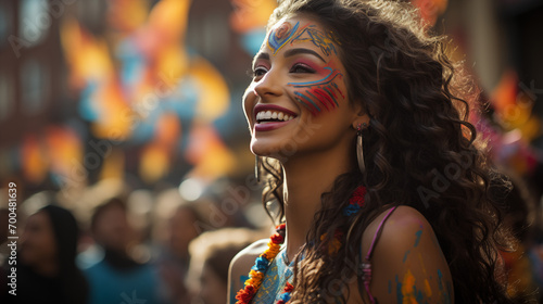 Joyful woman with face paint celebrating at a vibrant street festival. photo