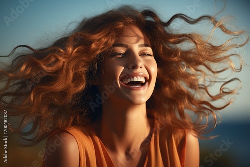 Woman with beautiful curly hair with laughing. Generative AI.