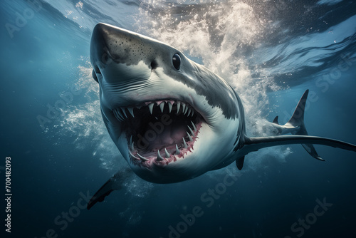 a shark swimming underwater with its mouth open © Aculina