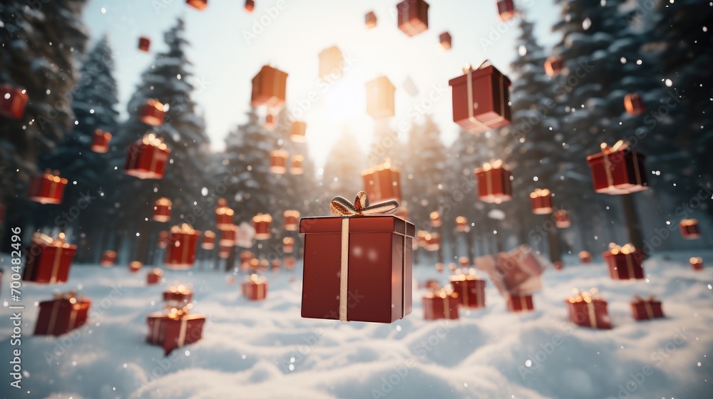 Red Christmas gifts flying in the air. Generative AI.