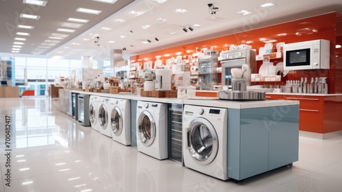 Home appliance shop with white walls and floors. Generative AI. photo