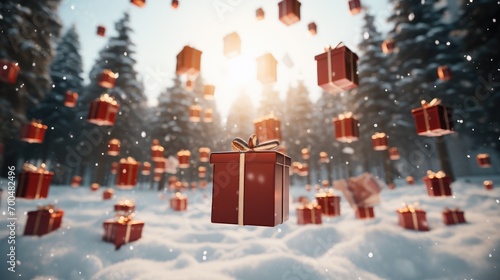 Red Christmas gifts flying in the air. Generative AI. © visoot