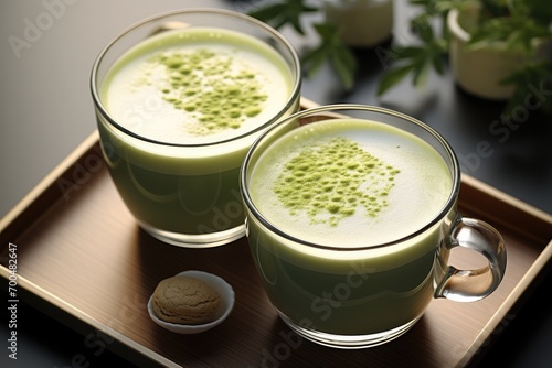 Two glasses of matcha latte viewed from above on top of a modern table. Generative AI.