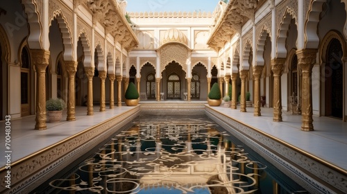 Palaces with multiple courtyards, Gardens and halls, Adorned with intricate carvings. Generative AI. photo