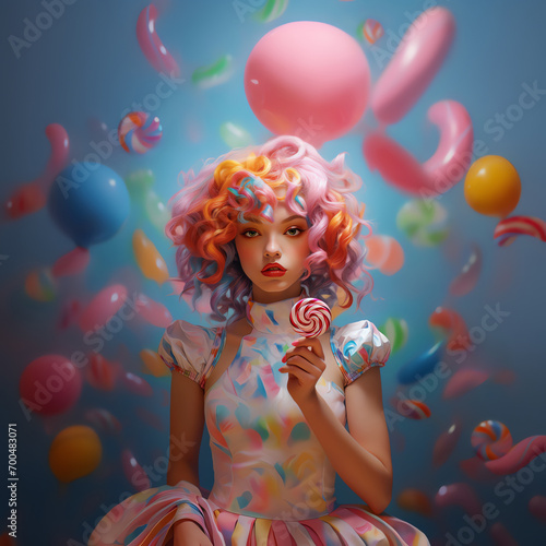 a woman with colorful hair holding a lollipop