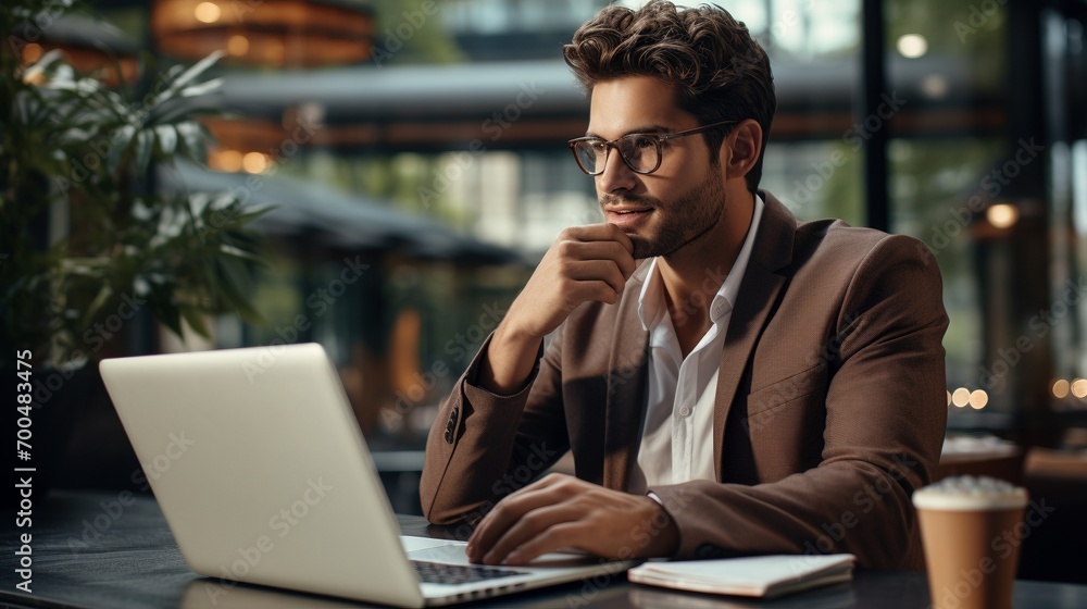 Pensive employee with laptop, coffee cup image wallpaper Pensive employee with laptop, coffee cup image wallpaper