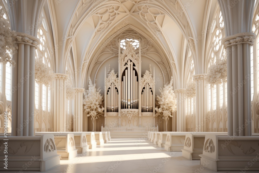 Minimalist church in warm white light with layers of uneven classical floral patterns. Generative AI.