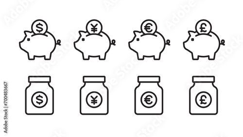 Piggy bank and money jar icon set Currency variations: Japanese yen, dollar, euro, pound Variable line width