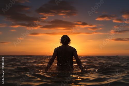 Back view of a man standing in the middle of the sea at sunset