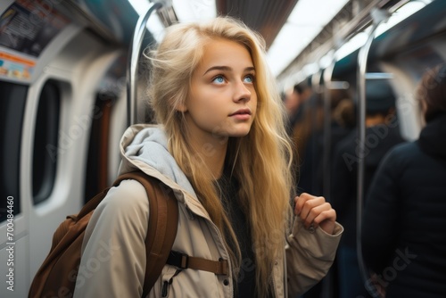 Girl with blonde hair wearing a backpack in a train. Generative AI.