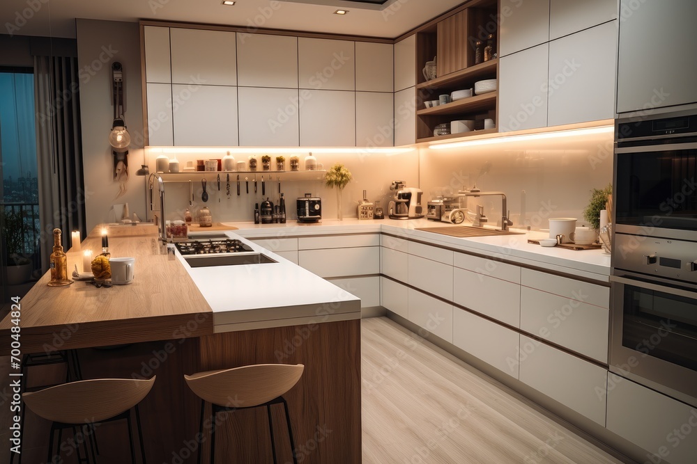 A kitchen with a white and light brown color scheme with night lighting. Generative AI. A kitchen with a white and light brown color scheme with night lighting. Generative AI.