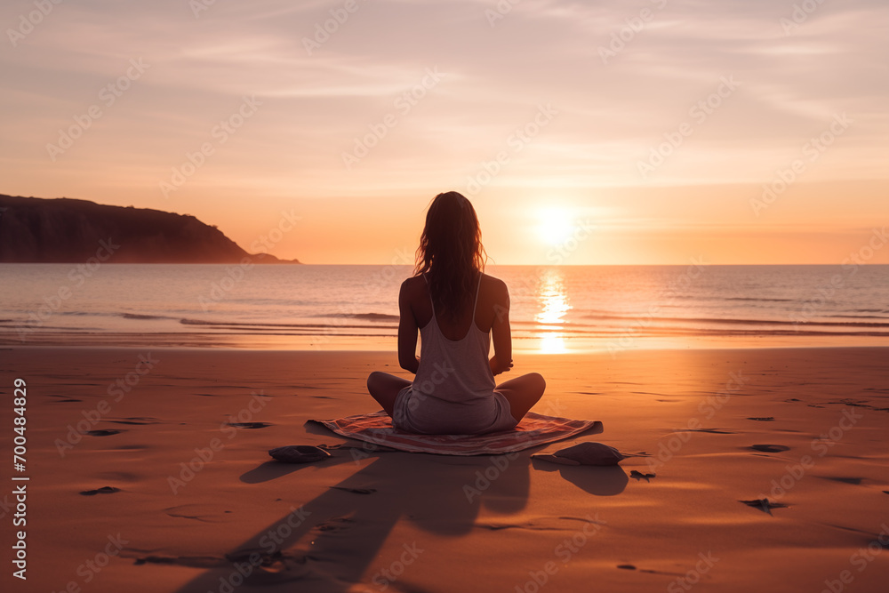 Back view of a woman meditating on the beach