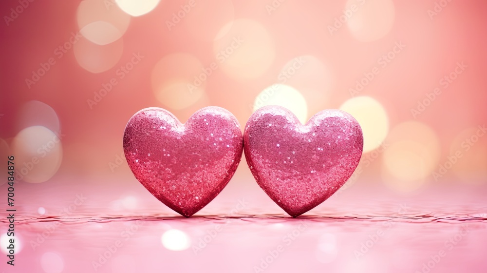 Valentines day festive background with two hearts In Shiny multicolor Background Valentine's Day glitter background