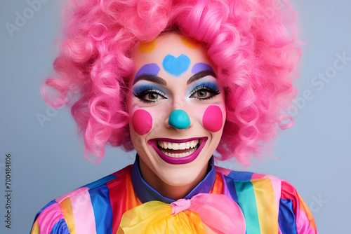 Portrait of cheerful woman dressed up with colorful clown costume with pink curly wig and face paint in front blue background
