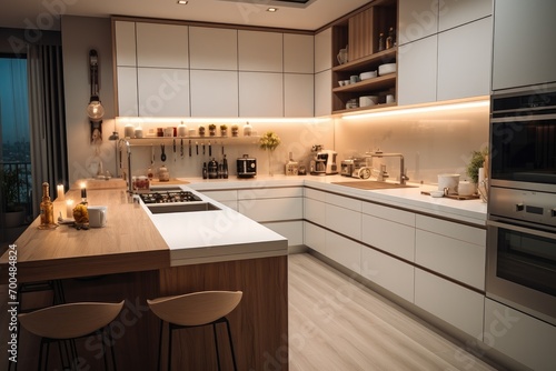 A kitchen with a white and light brown color scheme with night lighting. Generative AI.