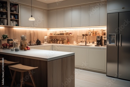 A kitchen with a white and light brown color scheme with night lighting. Generative AI. photo