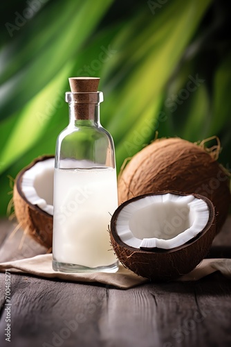 a bottle of coconut oil next to a coconut