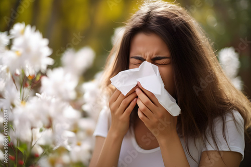Pollen allergy concept with sneezing woman in fornt of blooming spring flowers photo