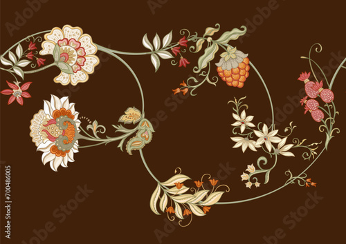 Fantasy flowers in retro, vintage, jacobean embroidery style. Seamless pattern, background. Vector illustration.