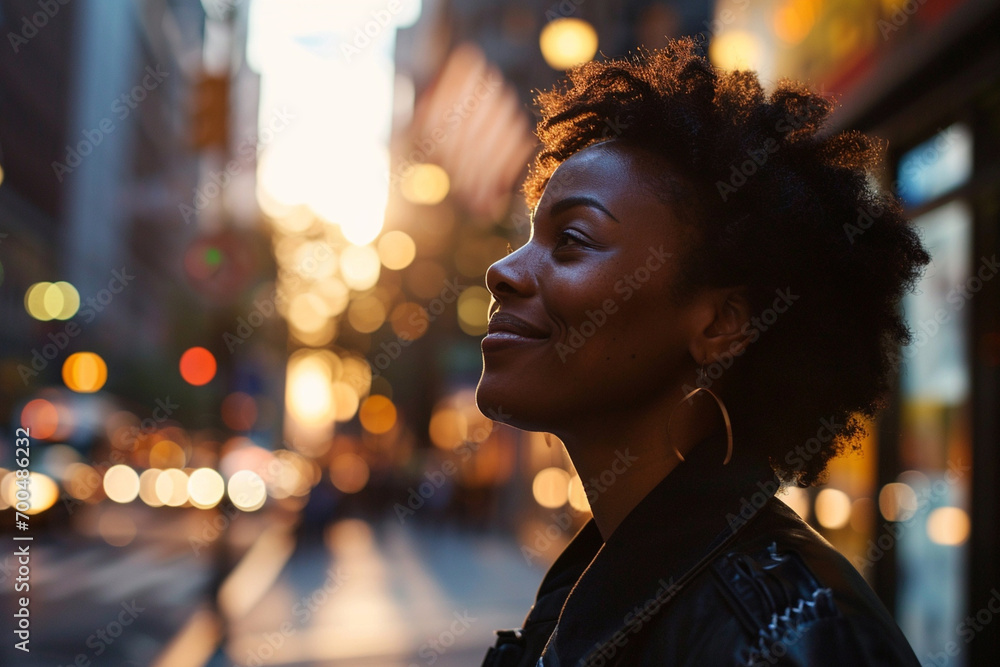 African American business woman waiting for a taxi on a city street in the morning, she smiles, lost in her thoughts African American business woman waiting for a taxi on a city street in the morning, she smiles, lost in her thoughts