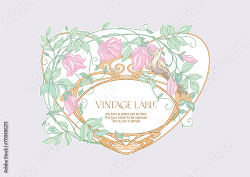 Decorative flowers and bird in art nouveau style, vintage, old, retro style. Border, frame, template for product label, cosmetic packaging. Easy to edit. Vector illustration. In art nouveau style.