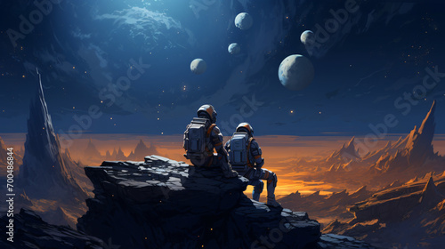 Two astronauts siting on rocks