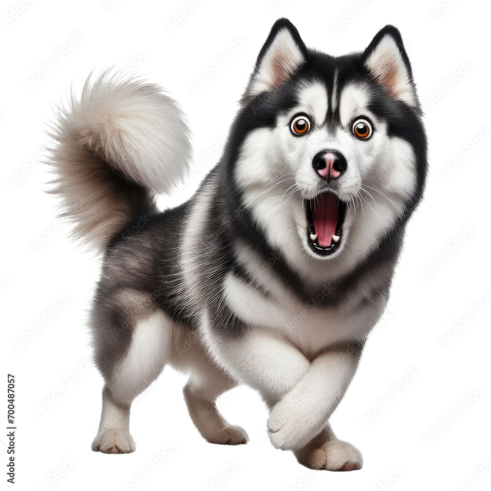 Funny siberian husky excited, looking and shocked isolated on transparent background.