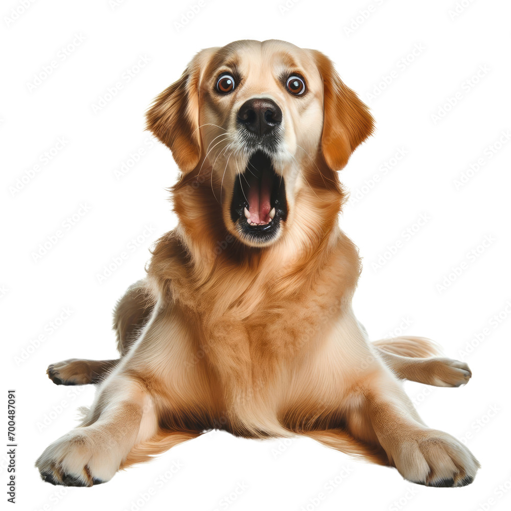 Cute golden retriever dog with open mouth isolated on transparent background. The dog is looking and shocked. - obrazy, fototapety, plakaty 