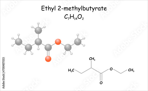 Stylized molecule model/structural formula of ethyl 2-methylbutyrate. Component of strawberry aroma.