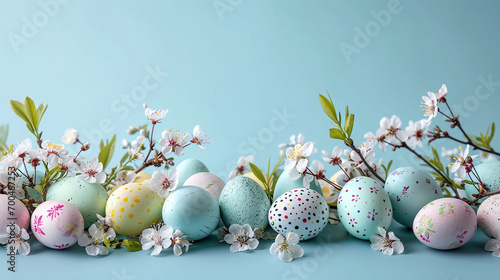 Easter eggs and cherry blossoms on pastel blue background, seasonal spring holiday wallpaper. AI Generative