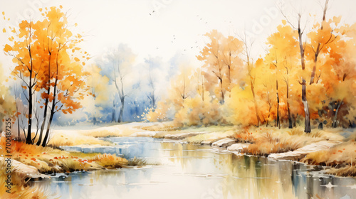 Watercolor paintings autumn landscape