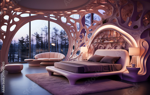 A purple deep and light color bedroom interior design