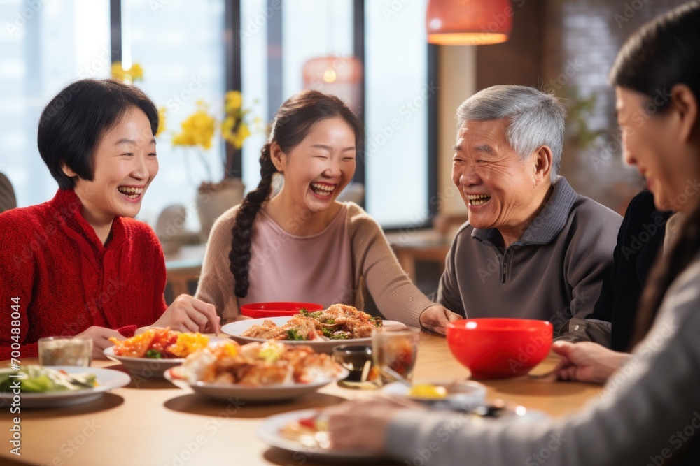 Happy Chinese family eats dinner on Chinese New Year. - obrazy, fototapety, plakaty 