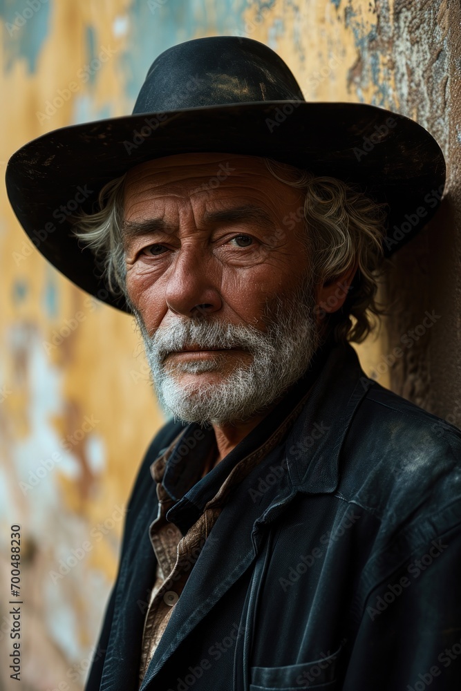 Senior man in a cowboy black hat stands tall by the wall, happy active seniors images